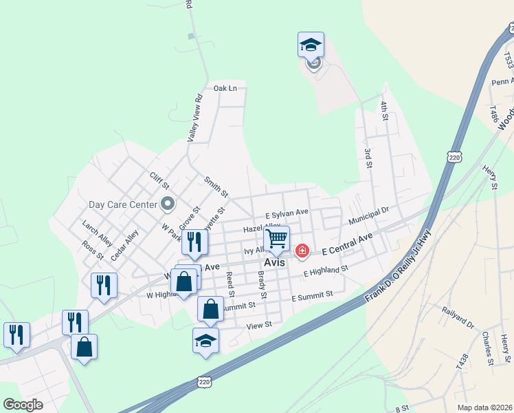 map of restaurants, bars, coffee shops, grocery stores, and more near 18 East Sylvan Avenue in Avis