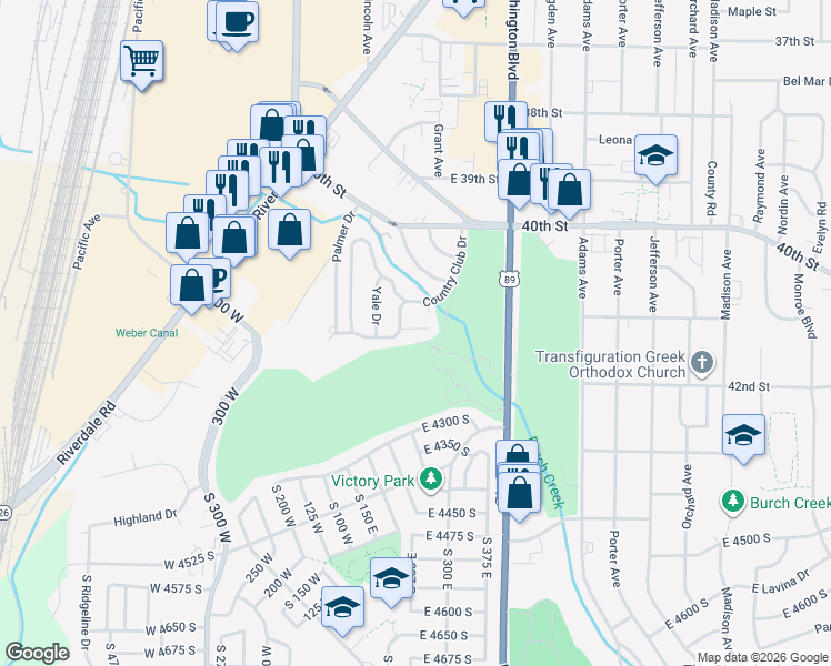 map of restaurants, bars, coffee shops, grocery stores, and more near 3 Gibbs Circle in Ogden