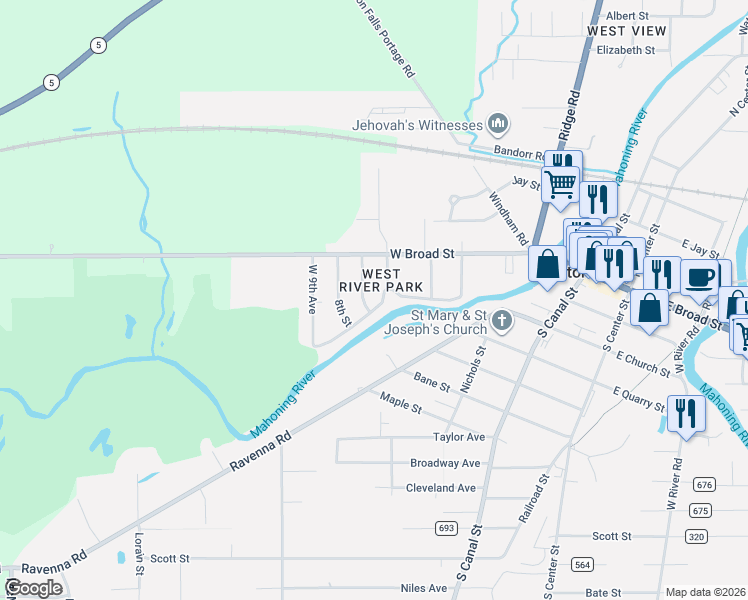 map of restaurants, bars, coffee shops, grocery stores, and more near 750 West River Boulevard in Newton Falls