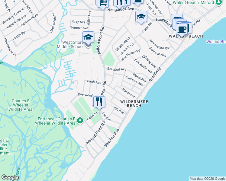 map of restaurants, bars, coffee shops, grocery stores, and more near 76 Grant Street in Milford