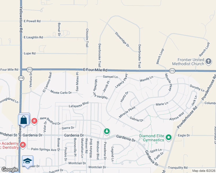 map of restaurants, bars, coffee shops, grocery stores, and more near 7423 Jacob Place in Cheyenne