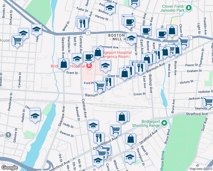 map of restaurants, bars, coffee shops, grocery stores, and more near 50 Ridgefield Avenue in Bridgeport