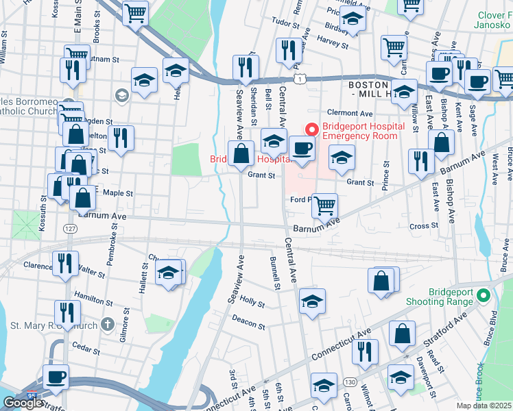 map of restaurants, bars, coffee shops, grocery stores, and more near 1477 Central Avenue in Bridgeport