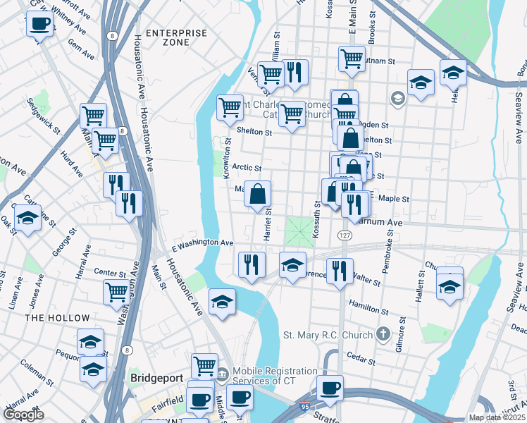 map of restaurants, bars, coffee shops, grocery stores, and more near 179 William Street in Bridgeport