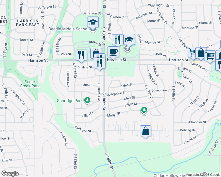 map of restaurants, bars, coffee shops, grocery stores, and more near 17840 Josephine Street in Omaha