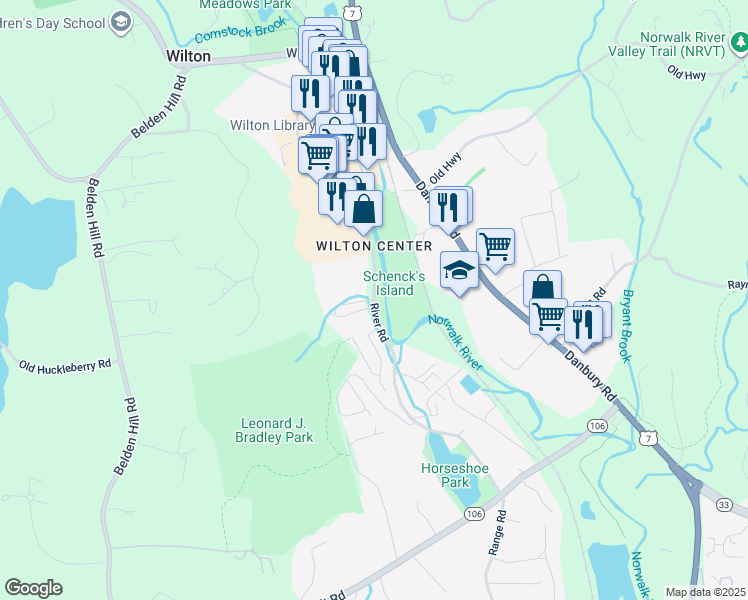 map of restaurants, bars, coffee shops, grocery stores, and more near 100 River Road in Wilton