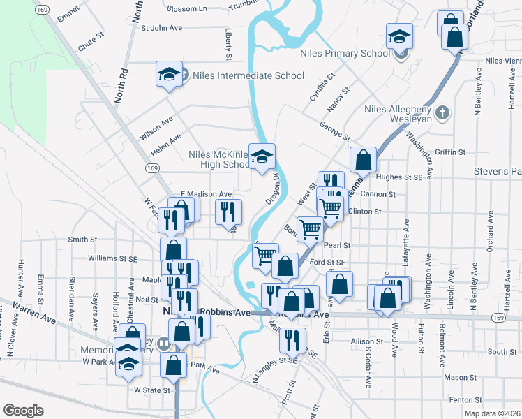 map of restaurants, bars, coffee shops, grocery stores, and more near 616 Dragon Drive in Niles