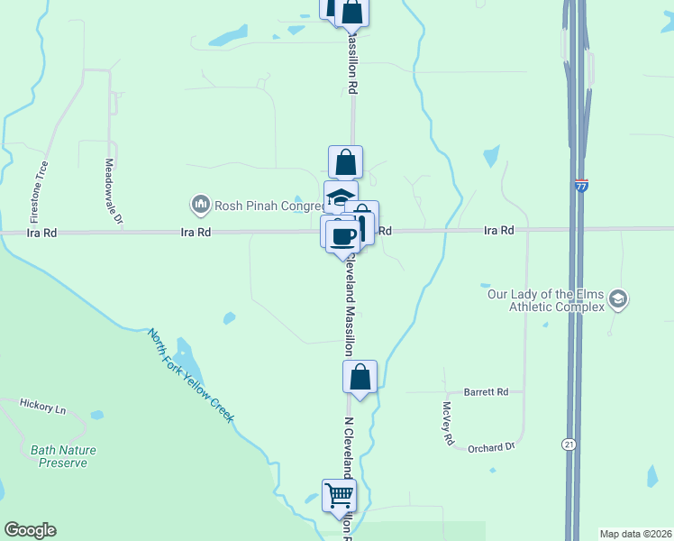 map of restaurants, bars, coffee shops, grocery stores, and more near 1924 North Cleveland Massillon Road in Akron