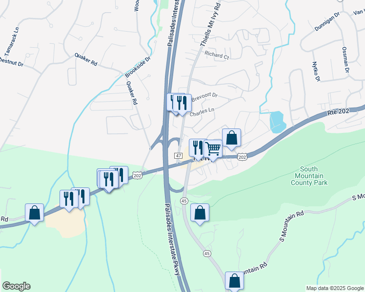 map of restaurants, bars, coffee shops, grocery stores, and more near 9 Thiells Mount Ivy Road in Pomona