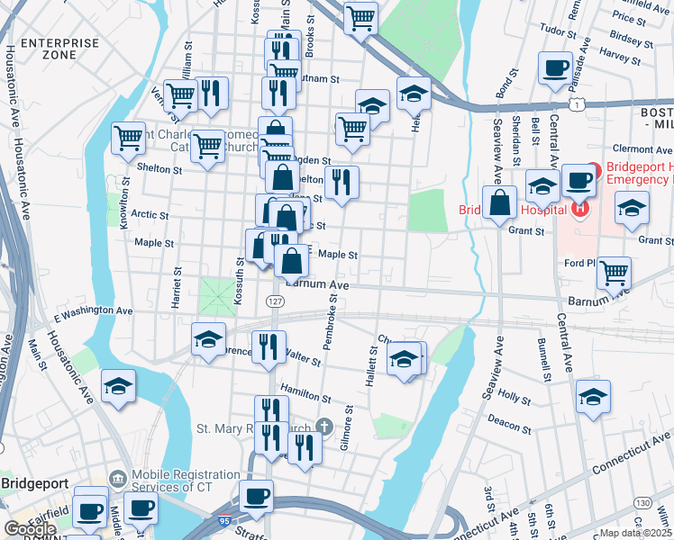 map of restaurants, bars, coffee shops, grocery stores, and more near 631 Barnum Avenue in Bridgeport