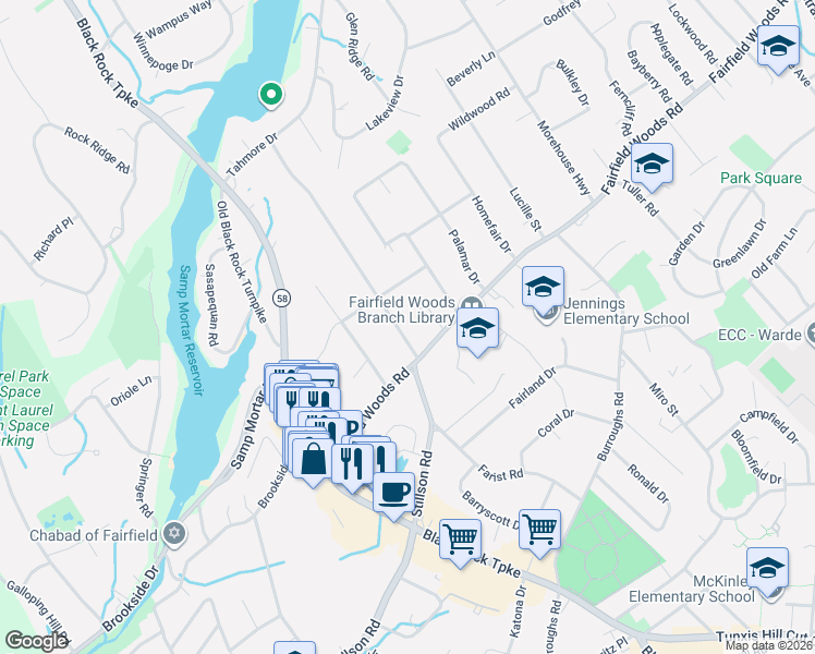 map of restaurants, bars, coffee shops, grocery stores, and more near 47 Woodridge Avenue in Fairfield