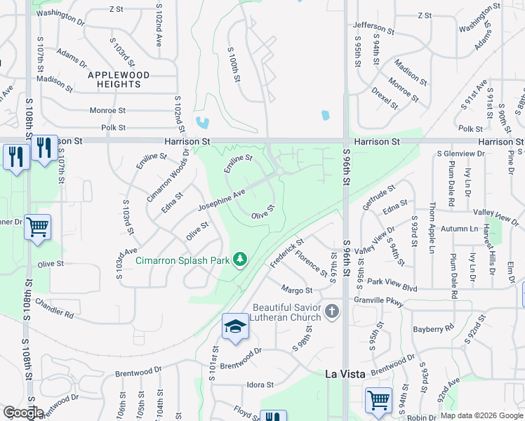 map of restaurants, bars, coffee shops, grocery stores, and more near 9957 Olive Street in La Vista