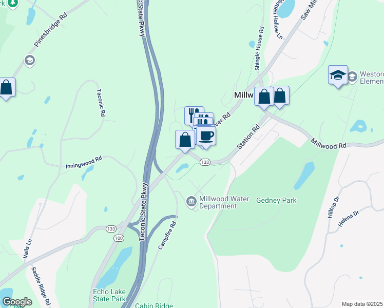 map of restaurants, bars, coffee shops, grocery stores, and more near 1 Station Place in Millwood