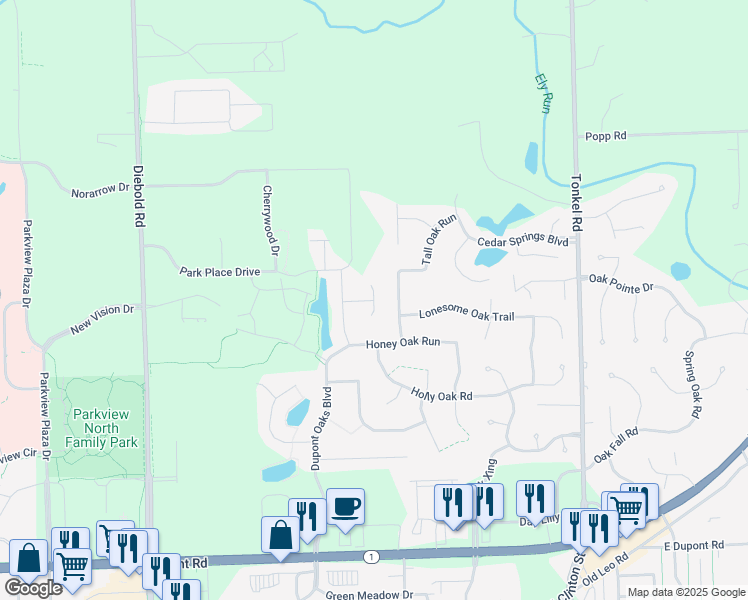 map of restaurants, bars, coffee shops, grocery stores, and more near Belleharbour Cove in Fort Wayne