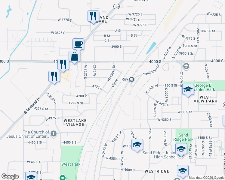 map of restaurants, bars, coffee shops, grocery stores, and more near 4176 Lily Drive in Roy