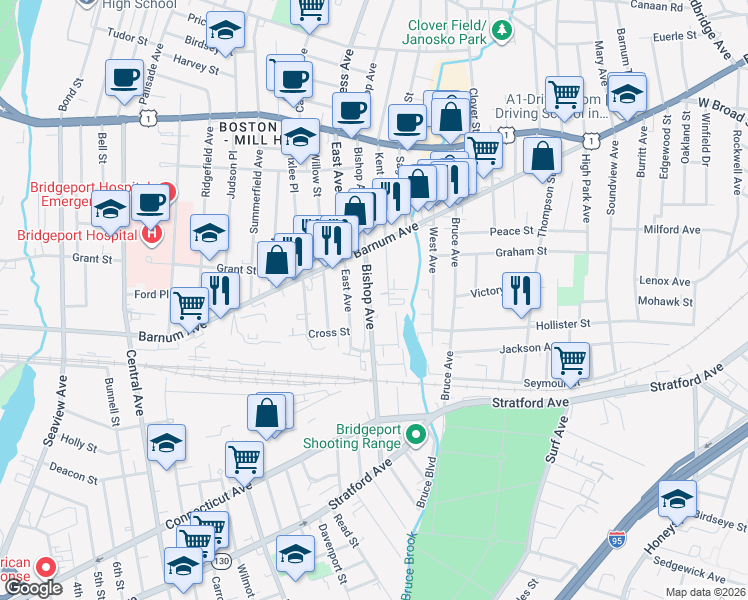 map of restaurants, bars, coffee shops, grocery stores, and more near 350 Bishop Avenue in Bridgeport