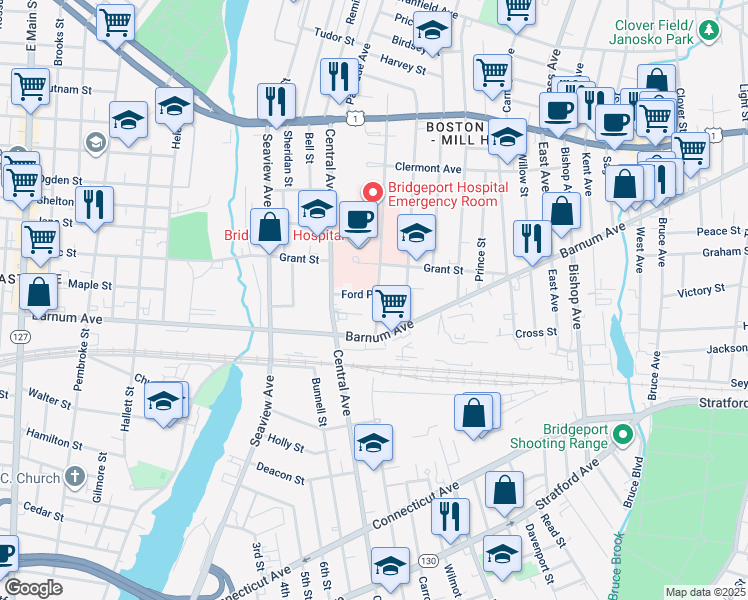 map of restaurants, bars, coffee shops, grocery stores, and more near 38 Mill Hill Avenue in Bridgeport
