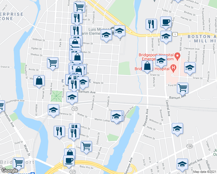 map of restaurants, bars, coffee shops, grocery stores, and more near 693 Barnum Avenue in Bridgeport