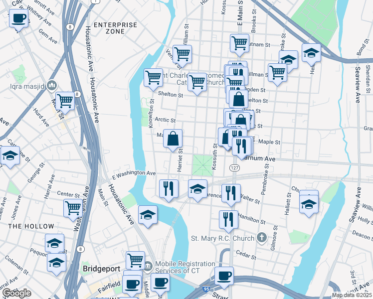 map of restaurants, bars, coffee shops, grocery stores, and more near 387 Noble Avenue in Bridgeport