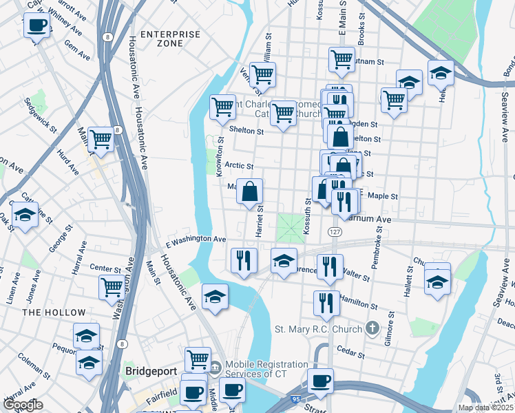 map of restaurants, bars, coffee shops, grocery stores, and more near 387 Noble Avenue in Bridgeport