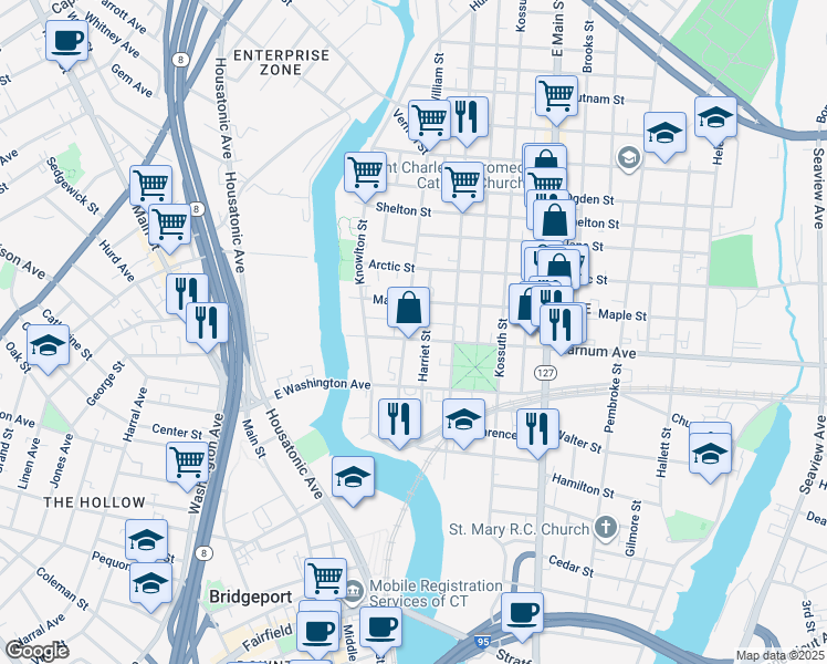 map of restaurants, bars, coffee shops, grocery stores, and more near 179 William Street in Bridgeport