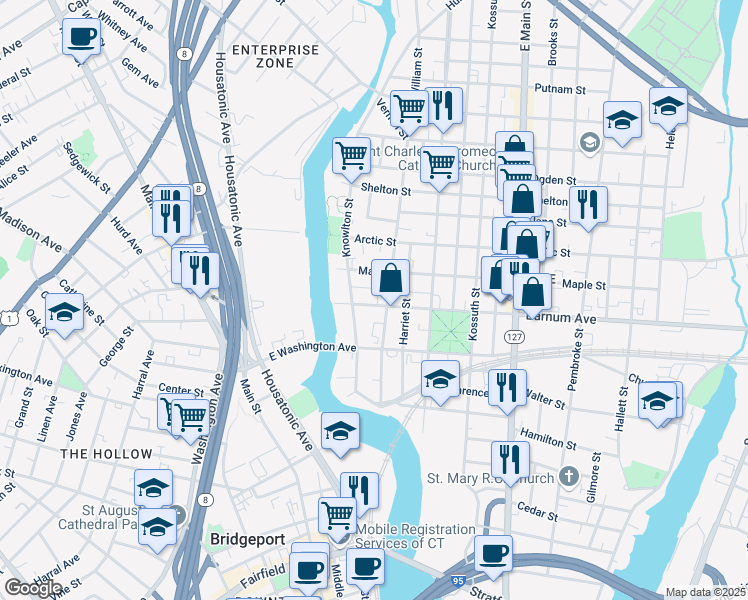 map of restaurants, bars, coffee shops, grocery stores, and more near 179 William Street in Bridgeport
