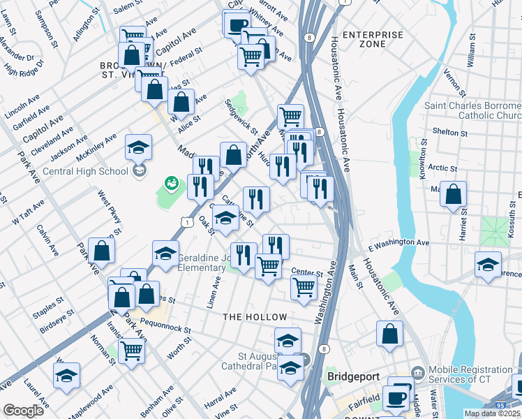 map of restaurants, bars, coffee shops, grocery stores, and more near 228 Frank Street in Bridgeport