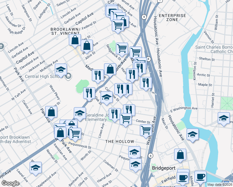map of restaurants, bars, coffee shops, grocery stores, and more near 228 Frank Street in Bridgeport