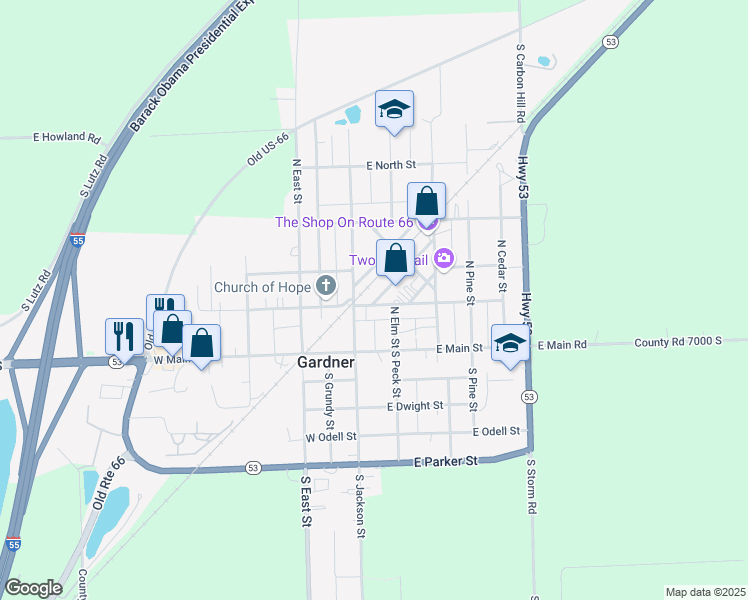 map of restaurants, bars, coffee shops, grocery stores, and more near 108 East Jefferson Street in Gardner