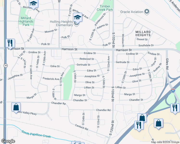 map of restaurants, bars, coffee shops, grocery stores, and more near 13427 Josephine Street in Omaha