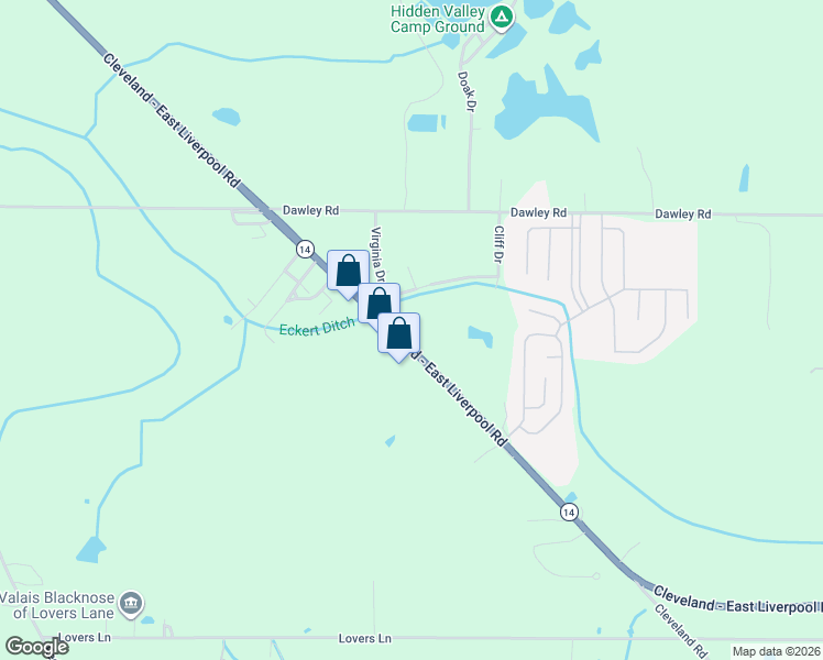 map of restaurants, bars, coffee shops, grocery stores, and more near 7311-7319 Cleveland - East Liverpool Road in Ravenna