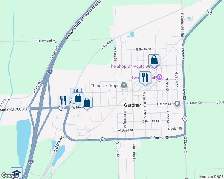 map of restaurants, bars, coffee shops, grocery stores, and more near 111 North East Street in Gardner