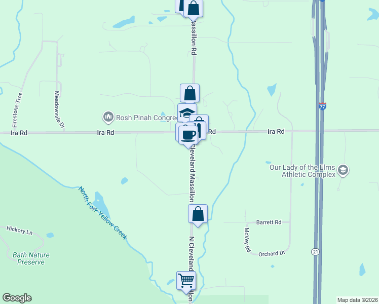 map of restaurants, bars, coffee shops, grocery stores, and more near 1924 North Cleveland Massillon Road in Akron