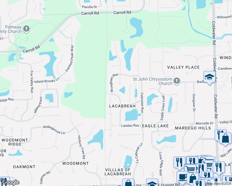 map of restaurants, bars, coffee shops, grocery stores, and more near 11309 Dougherty Run in Fort Wayne