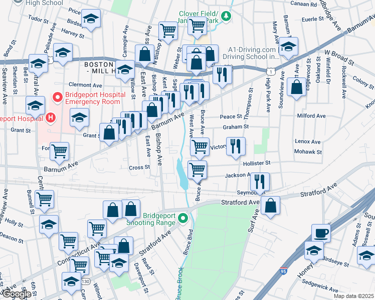 map of restaurants, bars, coffee shops, grocery stores, and more near 179 West Avenue in Stratford