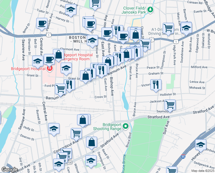 map of restaurants, bars, coffee shops, grocery stores, and more near 75 East Avenue in Bridgeport