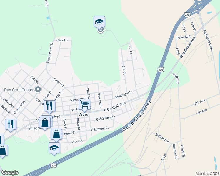 map of restaurants, bars, coffee shops, grocery stores, and more near 2-98 Manor Village Avenue in Avis