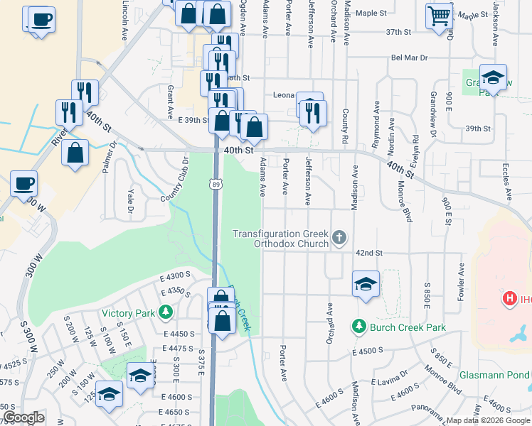 map of restaurants, bars, coffee shops, grocery stores, and more near 4151 Porter Avenue in Ogden