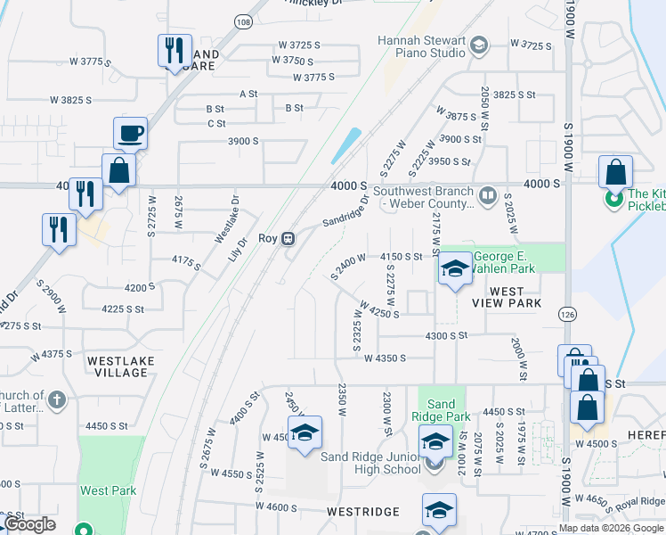 map of restaurants, bars, coffee shops, grocery stores, and more near 2340 West 4250 South in Roy