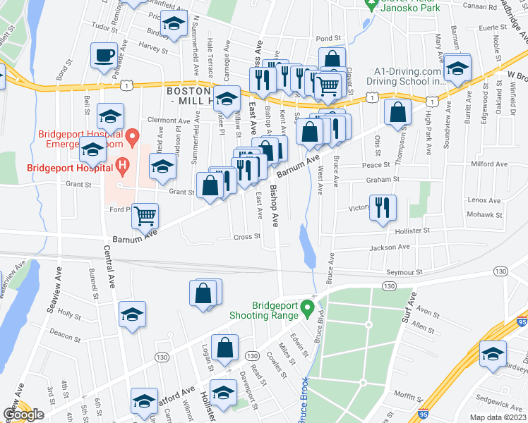 map of restaurants, bars, coffee shops, grocery stores, and more near 75 East Avenue in Bridgeport