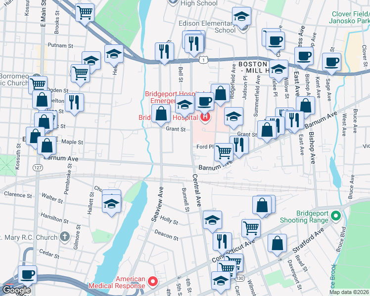 map of restaurants, bars, coffee shops, grocery stores, and more near 1477 Central Avenue in Bridgeport