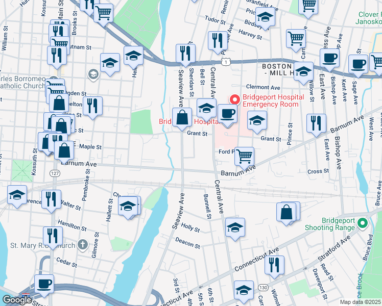 map of restaurants, bars, coffee shops, grocery stores, and more near in Bridgeport