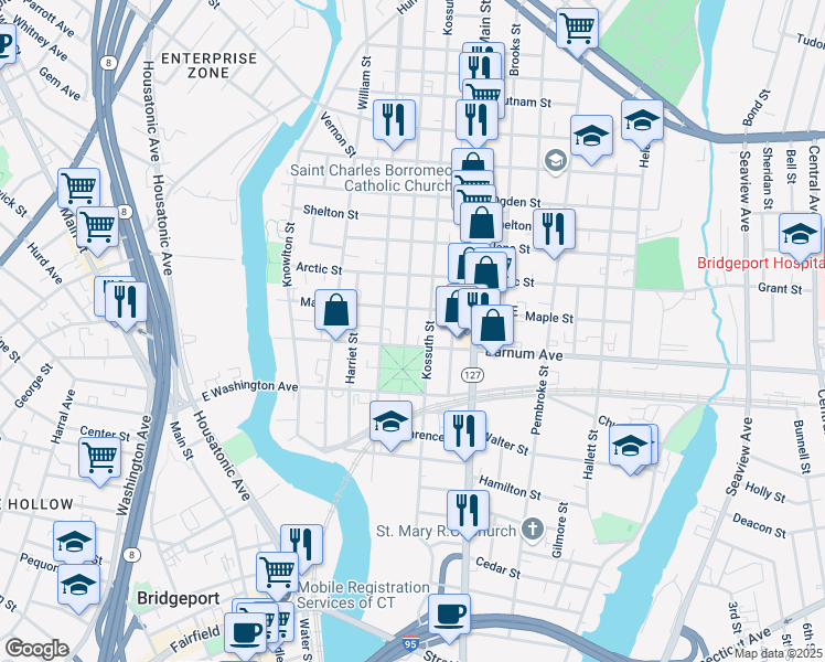map of restaurants, bars, coffee shops, grocery stores, and more near 298 Barnum Avenue in Bridgeport