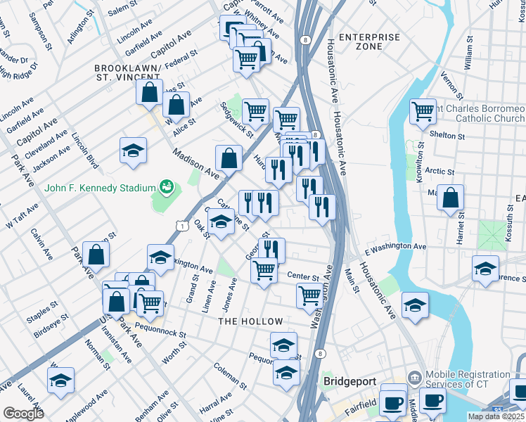 map of restaurants, bars, coffee shops, grocery stores, and more near 166 George Street in Bridgeport