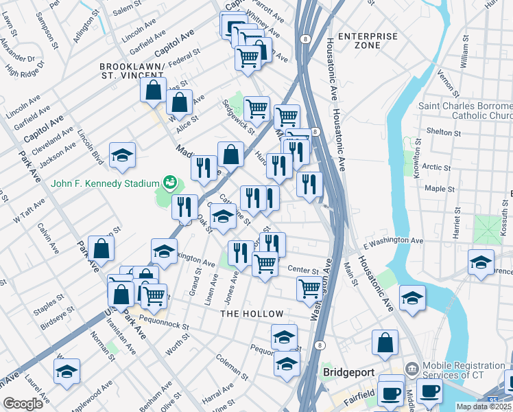 map of restaurants, bars, coffee shops, grocery stores, and more near 228 Frank Street in Bridgeport