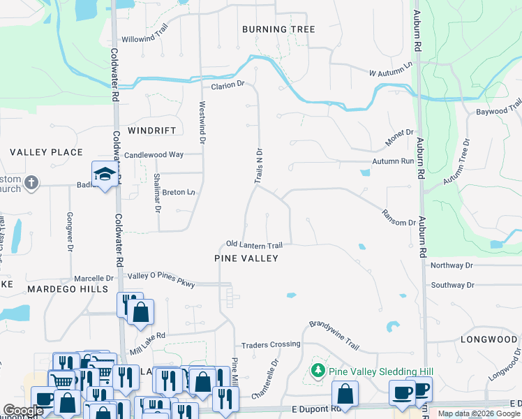 map of restaurants, bars, coffee shops, grocery stores, and more near 11117 Lantern Lane in Fort Wayne