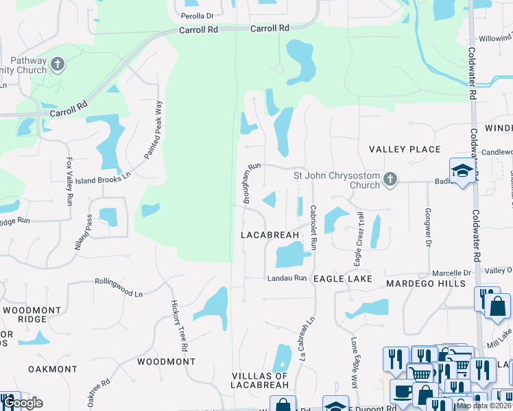 map of restaurants, bars, coffee shops, grocery stores, and more near 11309 Dougherty Run in Fort Wayne