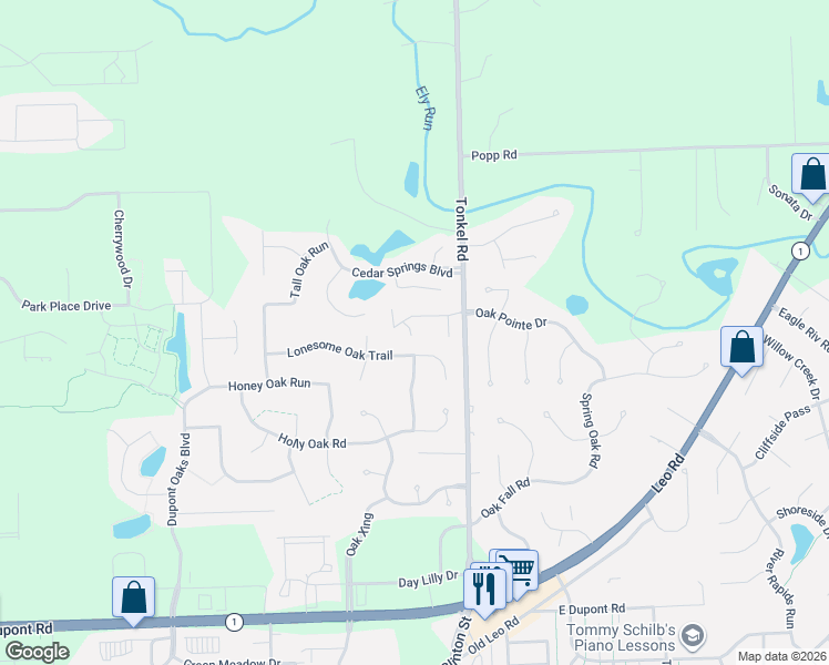 map of restaurants, bars, coffee shops, grocery stores, and more near 5320 Lonesome Oak Court in Fort Wayne