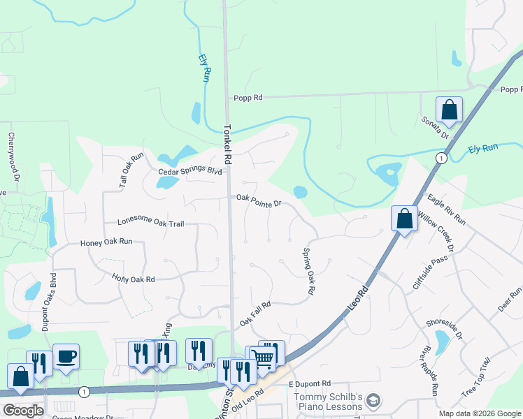 map of restaurants, bars, coffee shops, grocery stores, and more near 5636 Oak Pointe Drive in Fort Wayne