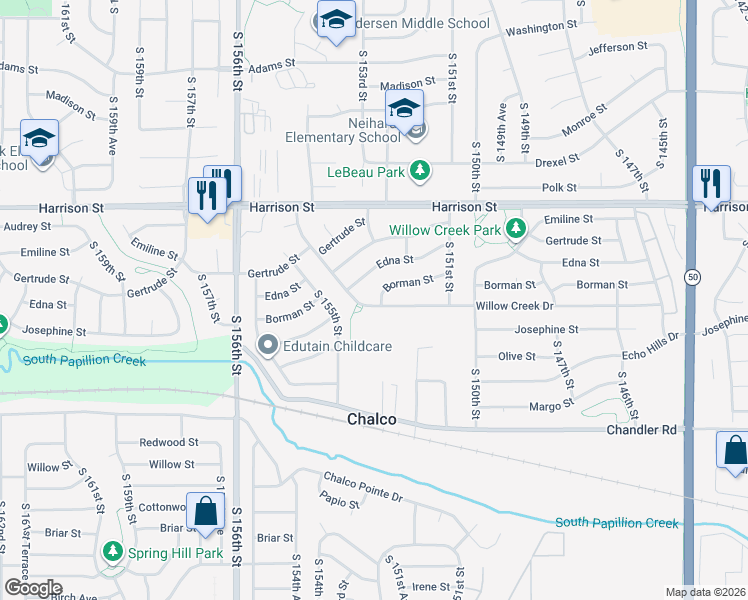 map of restaurants, bars, coffee shops, grocery stores, and more near 15209 Willow Creek Drive in Omaha